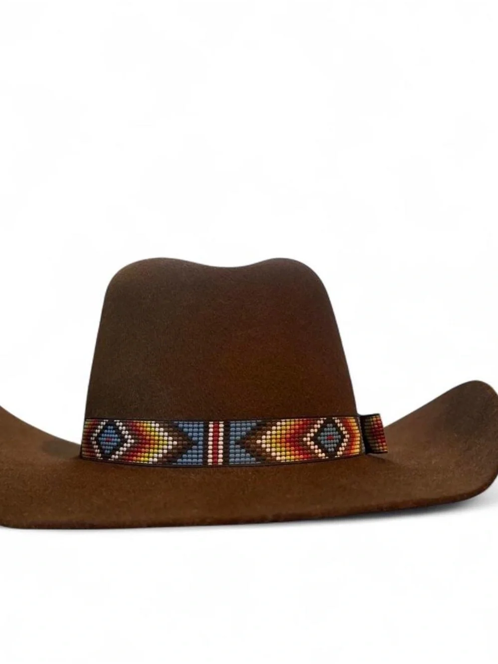 Brown Felt Cowboy Hat with Colorful Beaded Band